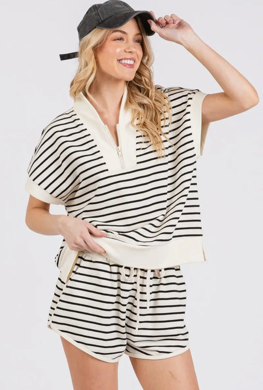 Half Zip Up Striped Top and Shorts Set
