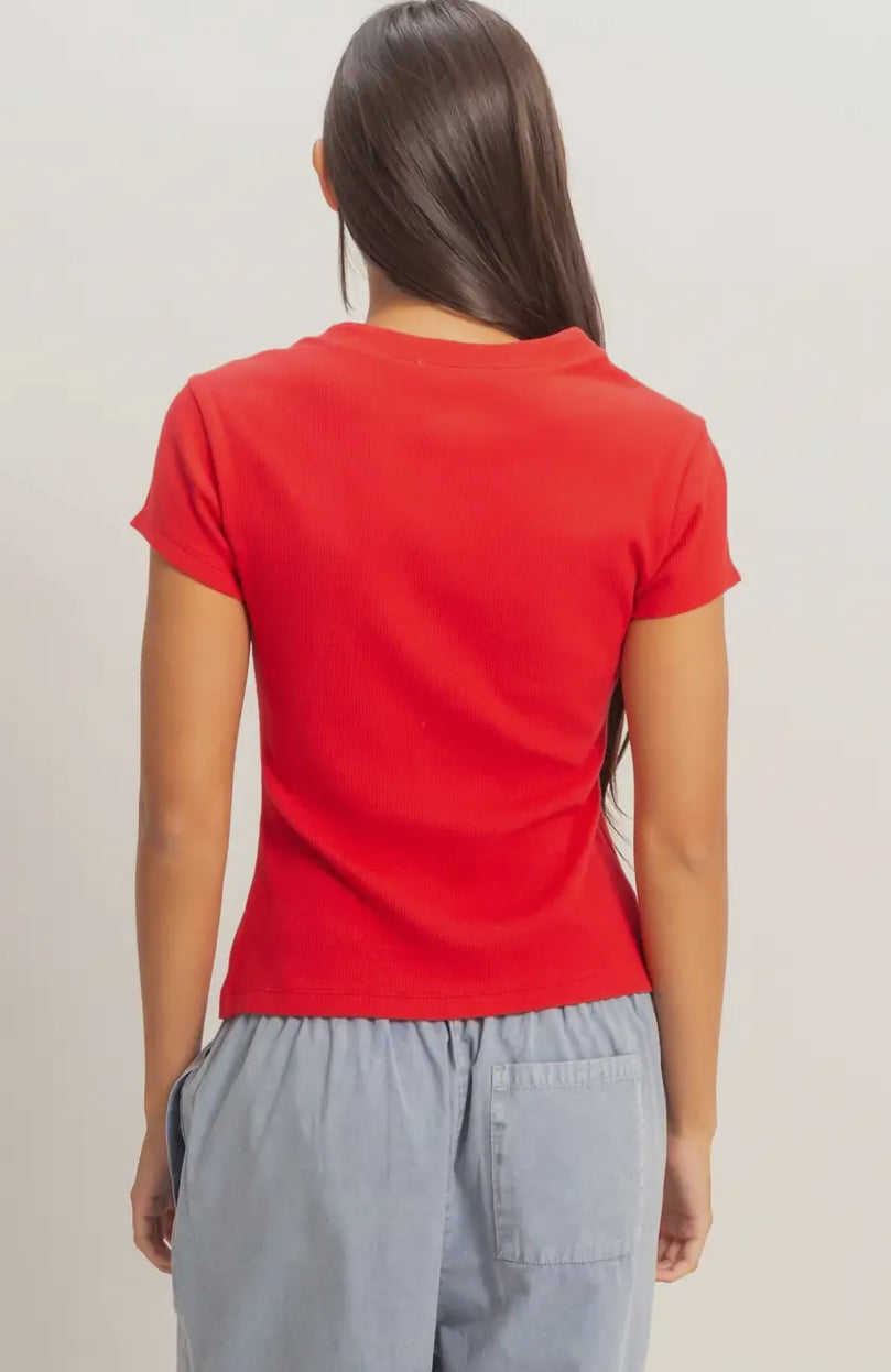 Ribbed Button-Front Crew Neck Top