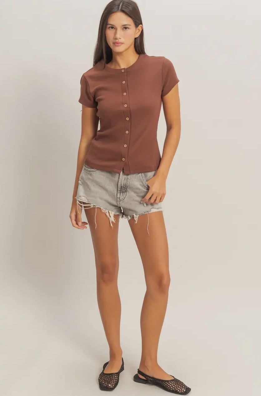 Ribbed Button-Front Crew Neck Top