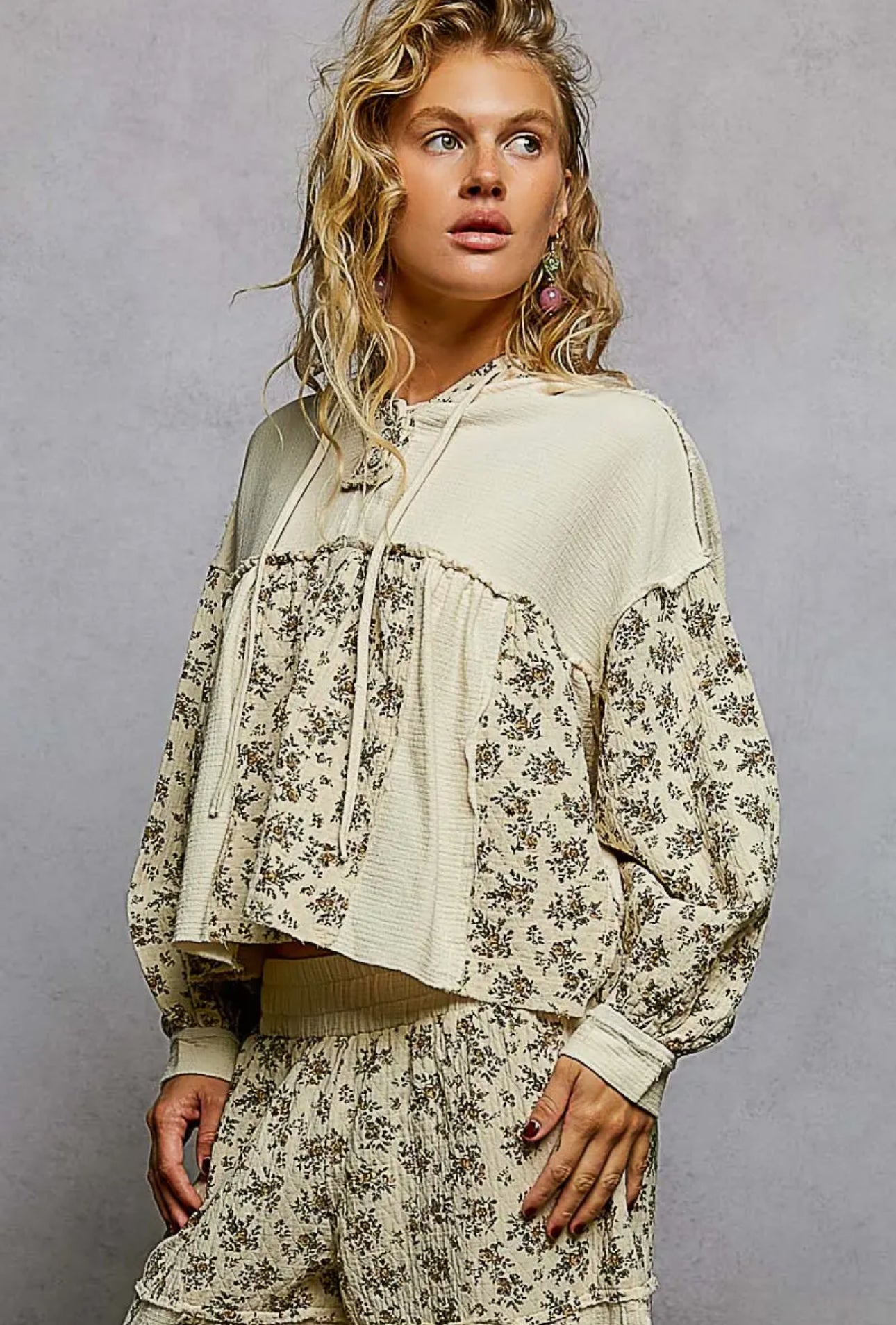 Vintage Wash Double Gauze Floral Hoodie and Pants Set