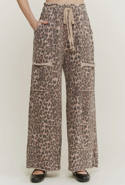 Mineral Washed Leopard Print Wide Leg Sweatpants