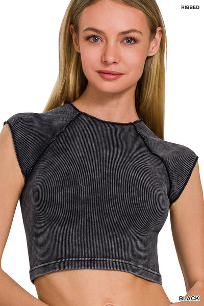 Washed Ribbed Round Neck Crop Top
