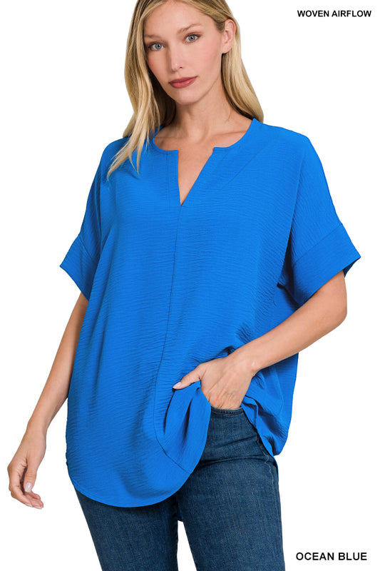 Woven Airflow Split Neck Short Sleeve Top