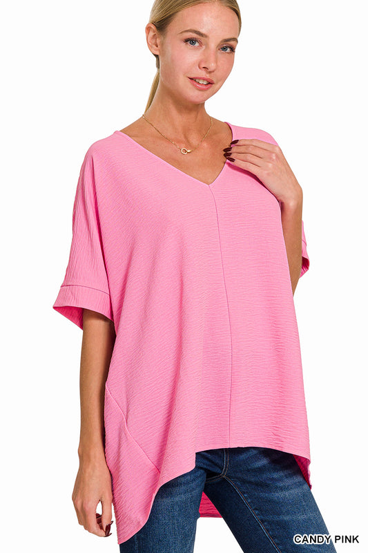 Woven V-Neck Short Sleeve Top
