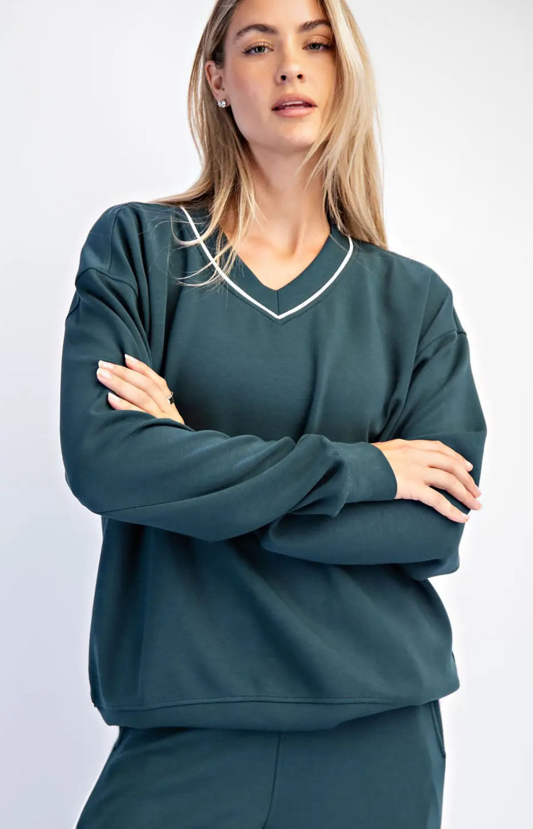 Modal Poly Piping V-Neck Top and Pants Set