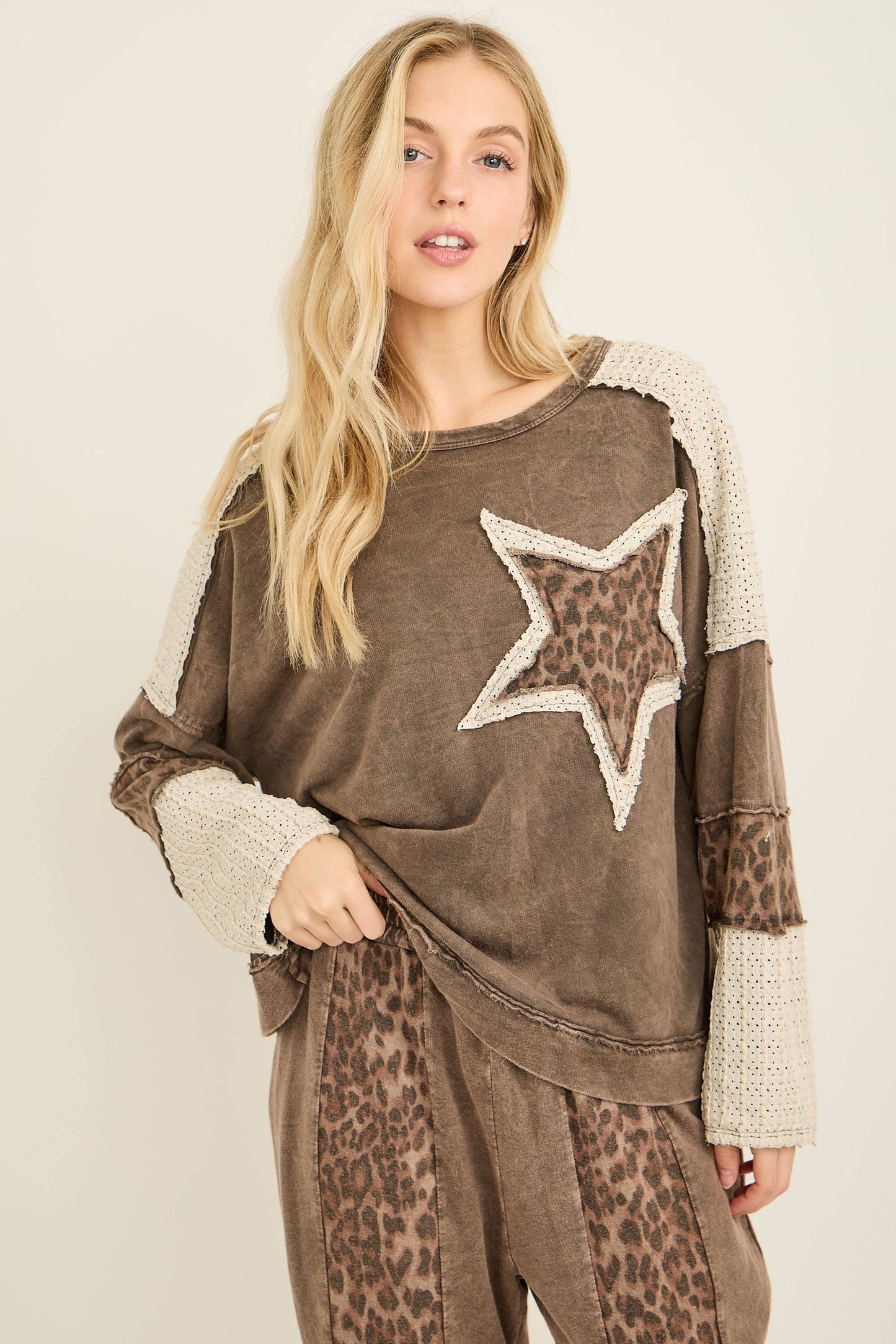 Mineral Washed Leopard Cheetah Star Patched Top