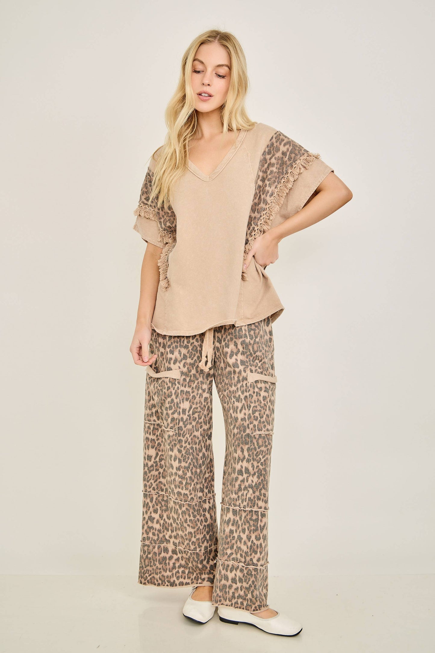 Mineral Washed Animal Print Fringe Top