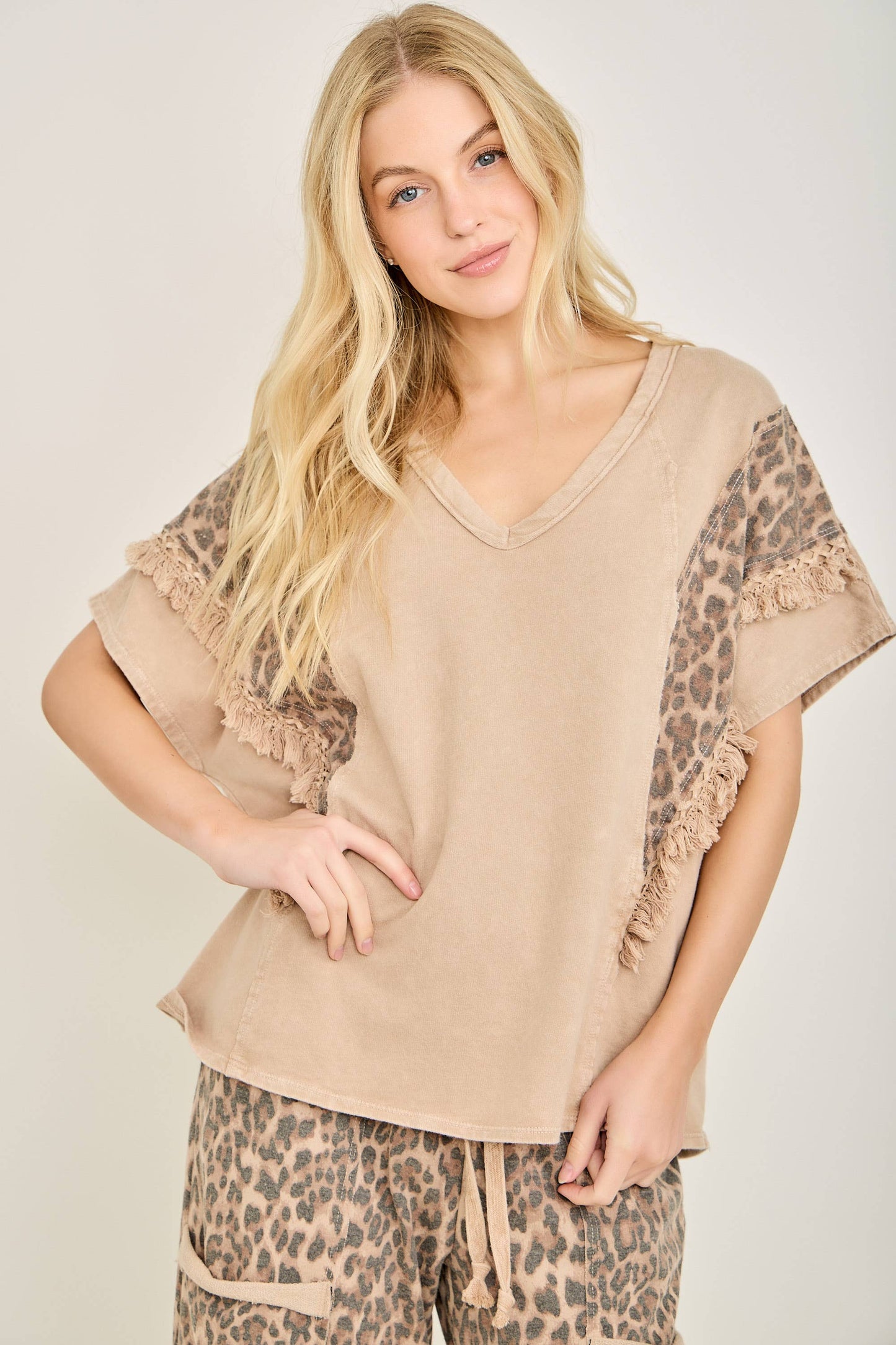 Mineral Washed Animal Print Fringe Top