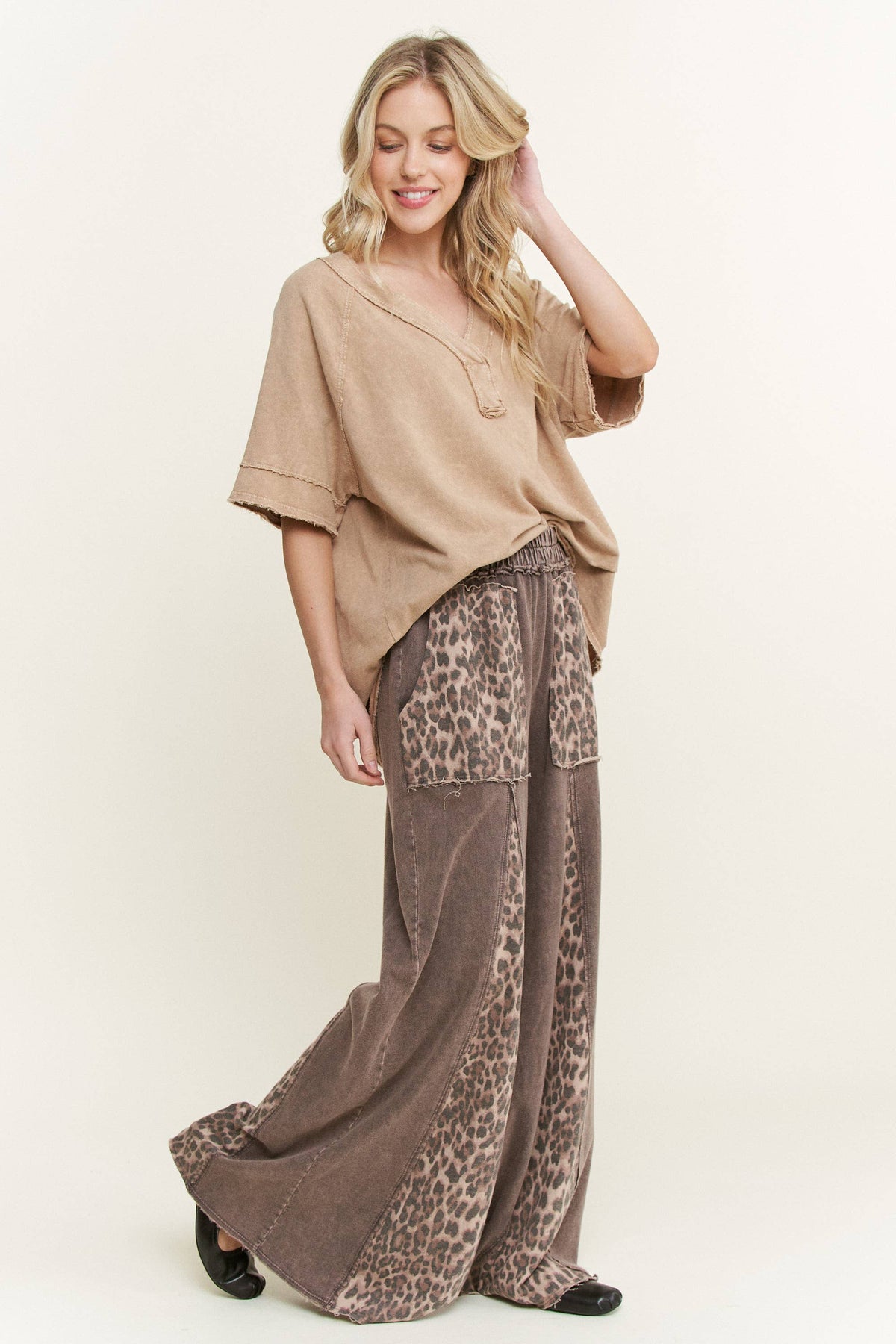 Mineral Washed Leopard Animal Print Flare Pants