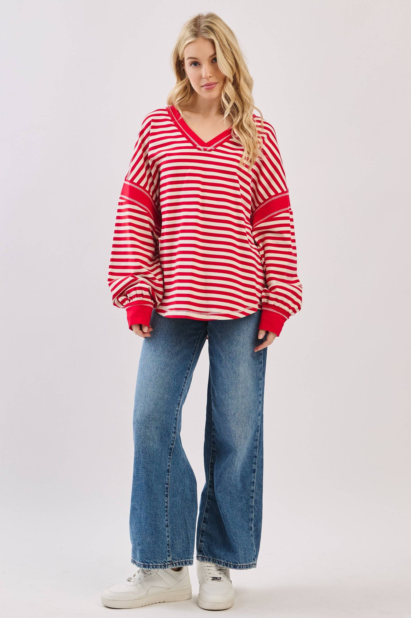 Striped Balloon Sleeve V-Neck Knit Top