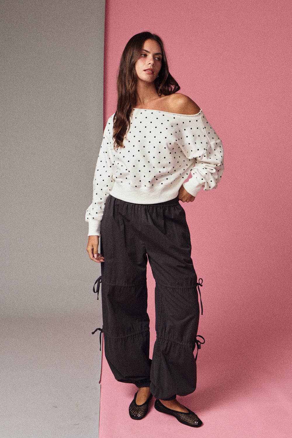Polka Dot Off Shoulder Sweatshirt
