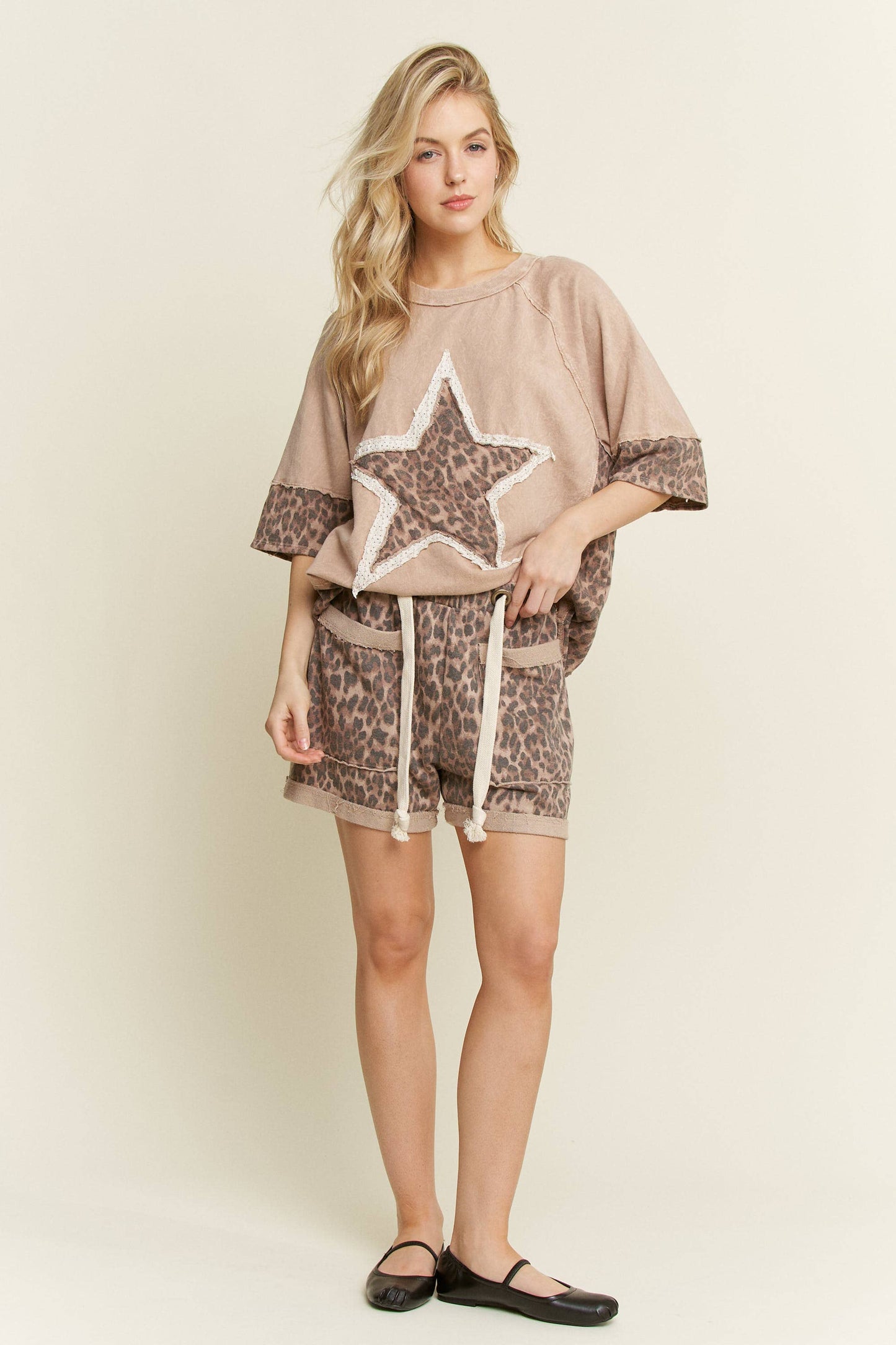 Mineral Washed Leopard Animal Print Shorts