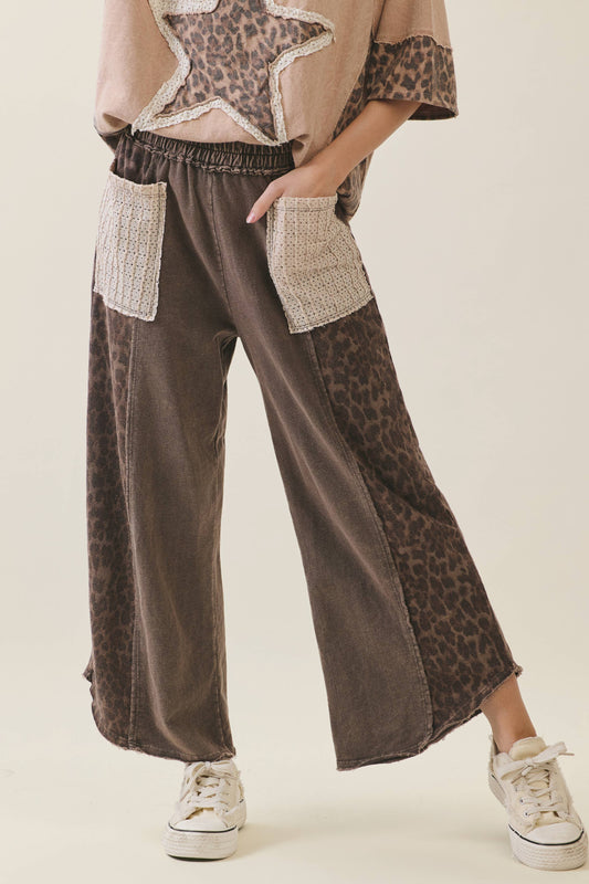Mineral Washed Leopard Lace pockets Cropped Pants